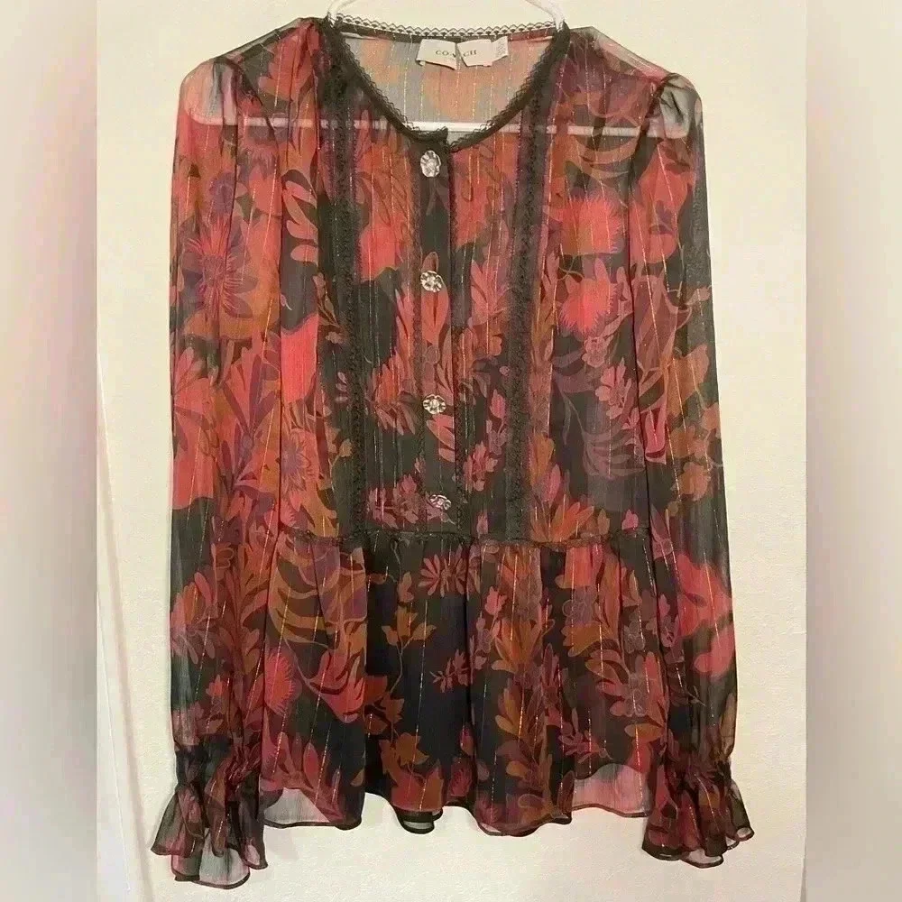 COACH 1941 Dark Red Forest Floral Print Tea Rose Blouse Womens Size 2 NWOT